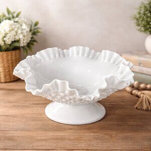 Vintage Fenton Hobnail Milk Glass Ruffle Pedestal Bowl